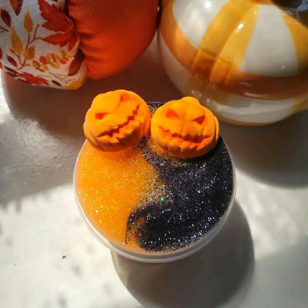 Halloween Jack-O-Lantern Sensory toy - Orange & Black Glitter Putty with Pumpkin Charms (4oz) Spooky Pumpkin Patch Goo - Two-Tone Glitter ASMR Desk Stress Relief Fidget