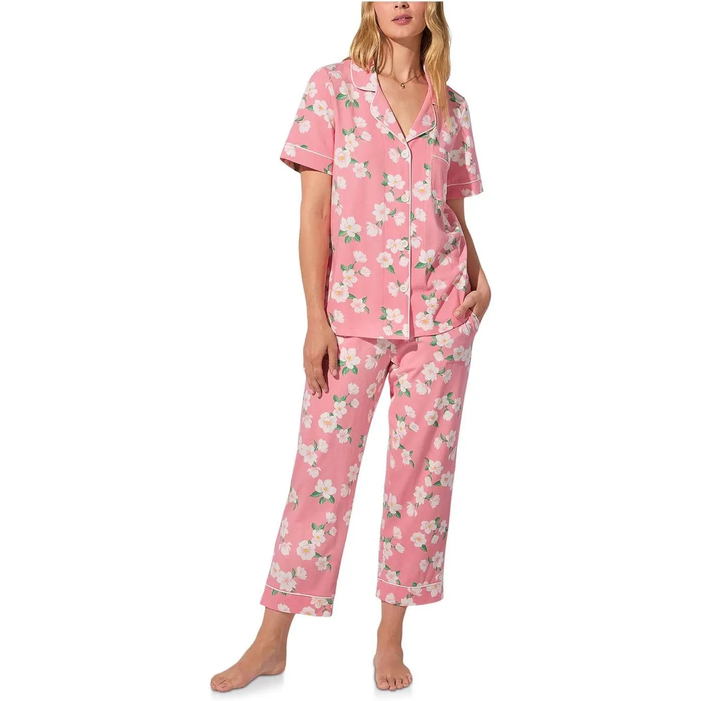 2025 Satin Pink Magnolias Women s Sleepwear Pajama Set - Short Sleeve Notch Collar & Cropped Pants - Stylish and Comfortable Loungewear