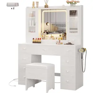IRONCK Vanity Desk with LED Lights Mirror and Charging Station, Makeup Vanity Table with Jewelry Armoire, Storage Bench, and 11 Drawers, White