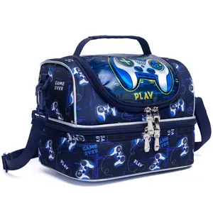 Cool Game Controller Pattern Bento Box Bag Picnic Lunch Bag Double Layer Multi-pocket Design Snack Carrying Bag with Adjustable Straps for Spring Outing Travel toddler gift