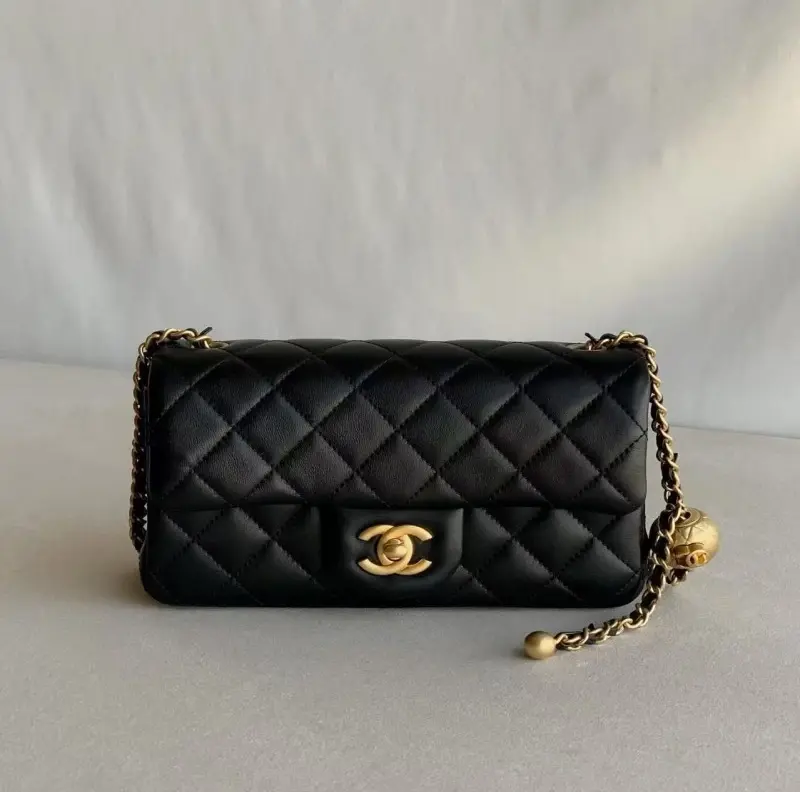 ‮ LENAHC  ‬Classic Flap Black Lambskin Quilted Gold Ball Adjustable Chain Crossbody Bag