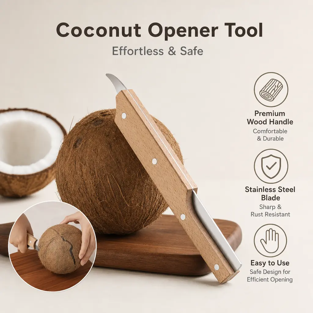 Coconut Opening Tool - 1 Count Kitchen Utensil with Solid Wooden Handle, Stainless Steel Blade, Scraper for Drilling Holes, Breaking Shells, Home Kitchen Supplies Use