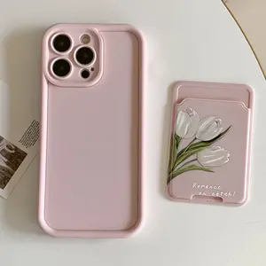 2-Piece Set Anti-Drop Tpu Protective Phone Case for iPhone Models, Tulip Pattern Aesthetic Soft Cover, Includes Self-Adhesive Card Holder