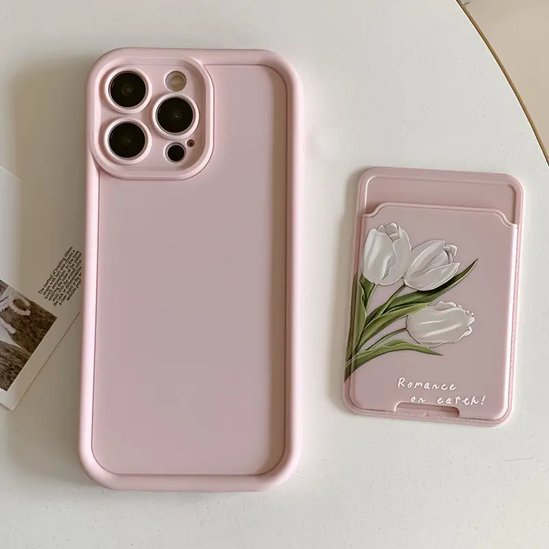 2-Piece Set Anti-Drop Tpu Protective Phone Case for iPhone Models, Tulip Pattern Aesthetic Soft Cover, Includes Self-Adhesive Card Holder