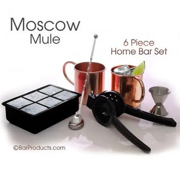 Traditional 6-Piece Moscow Mule Home Bar Set with Logo Print - Stainless Steel Copper Mugs, Bar Utensils, 6 Items - Ideal for Housewarming, Friday Happy Hours, Saturday Game Nights, Party, Six Items