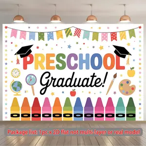 2D Flat Banner Polyester Photography Backdrop, HD Digitally Printed Preschool Graduation Theme Background Cloth, featuring colorful "Preschool Graduate!" text, graduation cap, crayons, and school supplies, soft lightweight foldabl