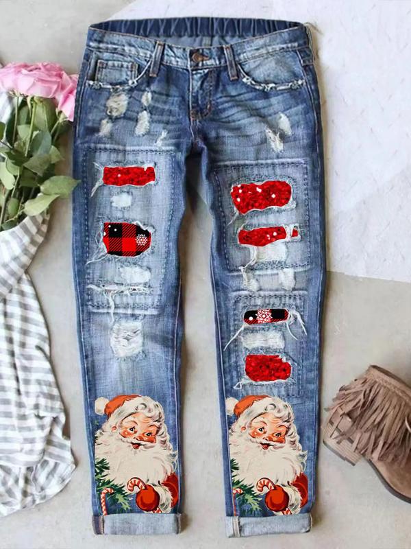 Women's Distressed Skinny Jeans with Red Santa & Reindeer Print Vintage Ripped Design Stretch Waistband for Comfort Holiday Casual Street Style Fit All Seasons Straight Cut Denim Leg Trouser Fabric Womenswear Elastic Stretchable Fitted