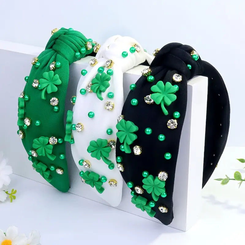 Women's 1pc Cute Vintage Polyester Headband - St. Pat’s Clover Motif, Rhinestones and Pearls Embellished, Solid Wide Fabric Knot Hair Accessory, Rhinestones Pearls, Fashion, Female, Pearl Knotted Headbands