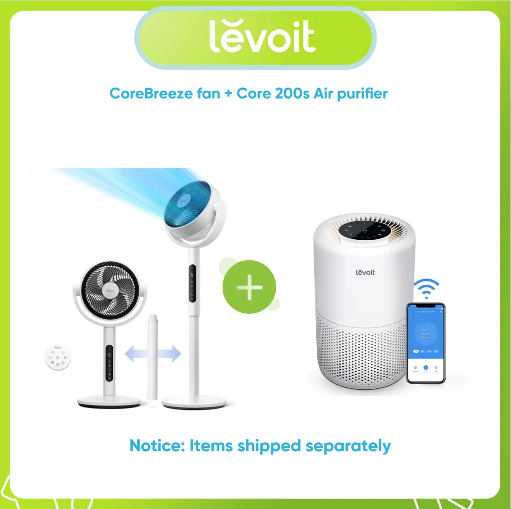 Levoit Home Comfort Bundle: Core 200S Smart WiFi Air Purifier (3-in-1 HEPA Filter, High CADR, Corded AC) & CoreBreeze Standing Oscillating Fan (Remote Control, 9 Speeds, DC Motor, Pedestal/Tabletop Modes), Remotecontrol, Hepafilter