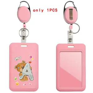 Sliding Id Badge Holder Hard Vertical Employee Card Case Retractable Nurse Badge Reel Carabiner Clips Hard Plastic Waterproof Pvc Protector Card Pouch Sleeve with Clear Window for Offices Staff Students Nurses Drivers Bear Pattern
