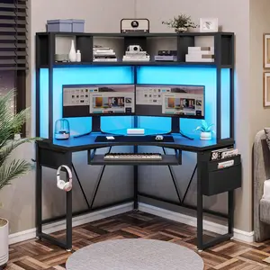 Sikaic Triangle Corner Small LED Computer Desk with Hutch Keyboard Tray Storage Bag and Headphone Hook Home Office Furniture