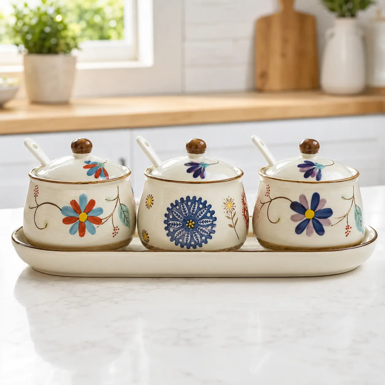 Floral Ceramic Sugar Spice Condiment Jars 3-Piece Set, Airtight Lids Matching Spoons & Serving Tray, Kitchen Counter Coffee Bar Storage Decor, Giftable Kitchen Accessory