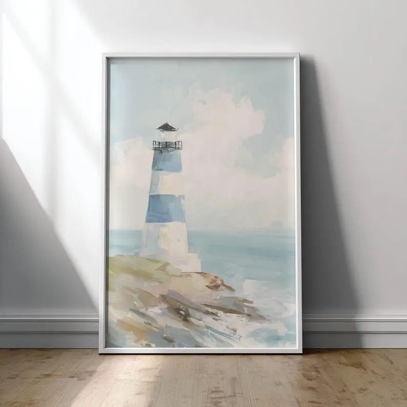 Printed Coastal Lighthouse Poster, Blue-and-White Stripes, Pastel Seascape, Nautical Cottage Decor, Acrylic Style Ocean Wall Art Poster - Unframed
