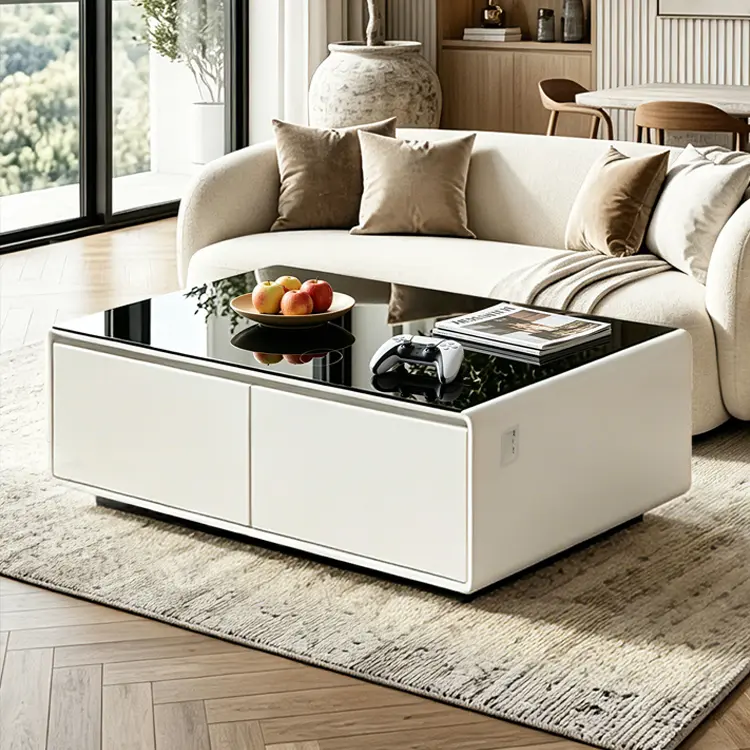 Smart Coffee Table with Dual Fridge Drawers, Wireless Charging Pad, Built-in Bluetooth Speaker for Living Room, Luxury Home Furniture