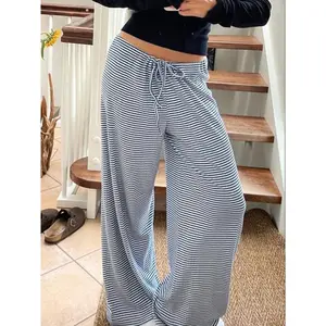 Stripe Drawstring Elastic Low Waist Baggy Sweatpants Women Casual Loose Straight Leg Pants Leisure Summer Streetwear Trousers Fabric Fit