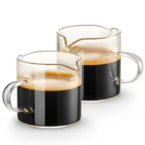 Espresso Cups Set of 2, 4 OZ Double Spouts Cups, Shot Glasses, Milk Cup with Handle,Clear Glass, Espresso Accessories for Machine, Coffee Drinkware, Small