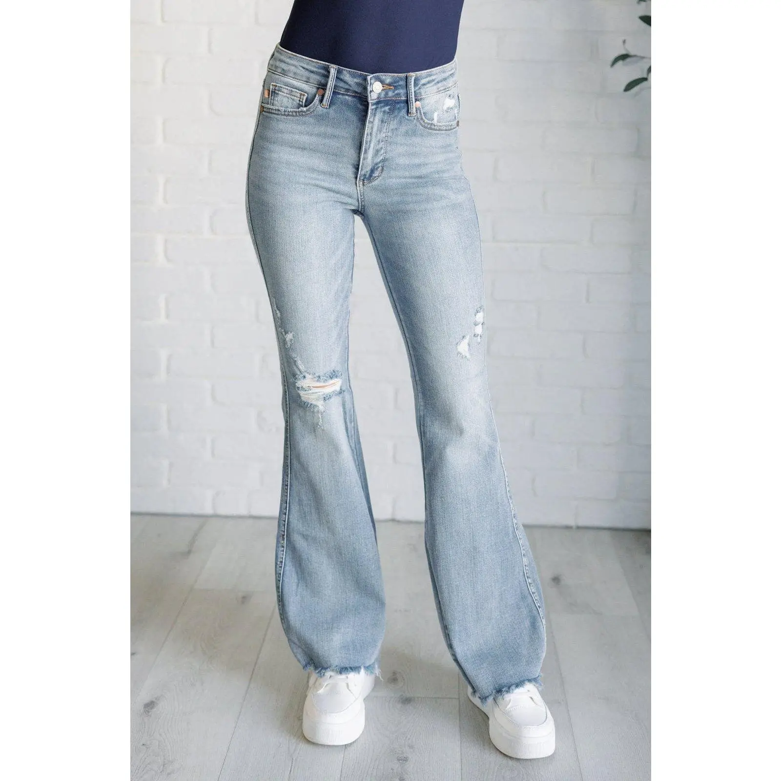 Caroline Mid Rise Control Top Distressed Flare Jeans