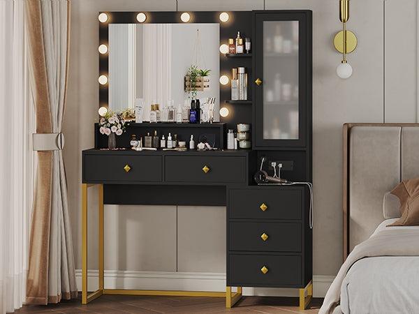 Sikaic Large Makeup Vanity with Nightstand Mirror and Lights & Charging Station 5 Drawers and Storage Shelves