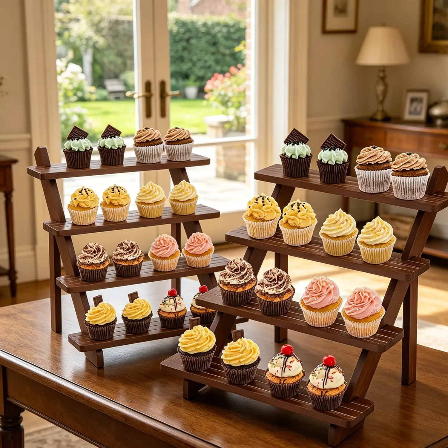 2PCS Wooden Display Stand, Tiered Cupcake Stand, 4 Tier Display Stand Riser, Rustic Risers Dessert Table Display Shelf Spice Rack Organizer Holder, Cologne Stand Perfume Organizer Stand