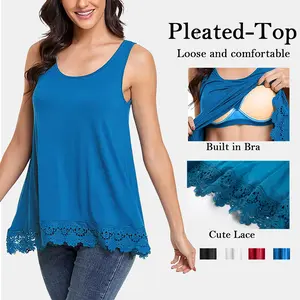 【Plus Size】Women's Loose Fit Casual Flowy Swing Lace Basic Tank Tops Trendy Sleeveless Wide Strap Spaghetti Strap Summer Cami Tops With Built in Bra Clothing Outfits 2025, Womenswear Camisole, Summer Clothes