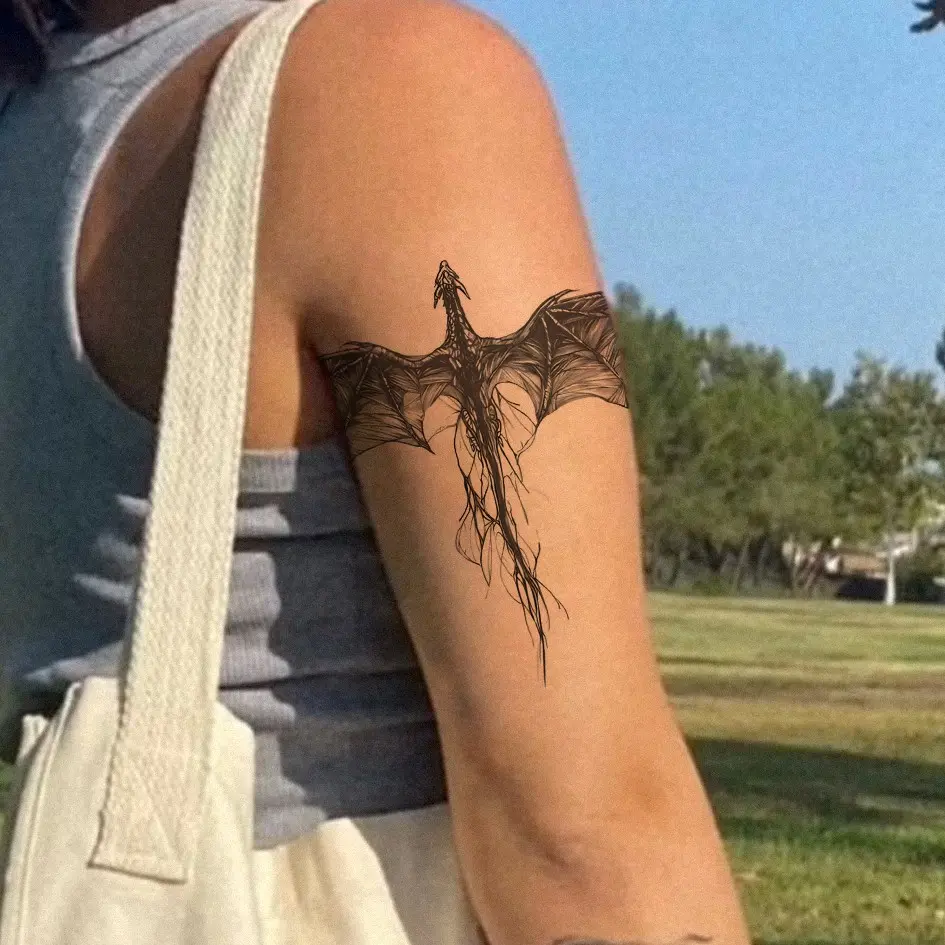 Sketch Dragon Herbal Juice Tattoo Sticker, Waterproof Natural Safe Non-Toxic Long-Lasting, Arm Leg Wearable, Perfect for Photoshoots