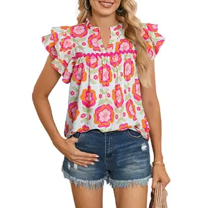 Mntaor Women's Blouses 2025 Trendy Rose Floral Ruffled Sleeve RIC-rac Trim Split Neck Loose Fit Top for Fashionable Wear