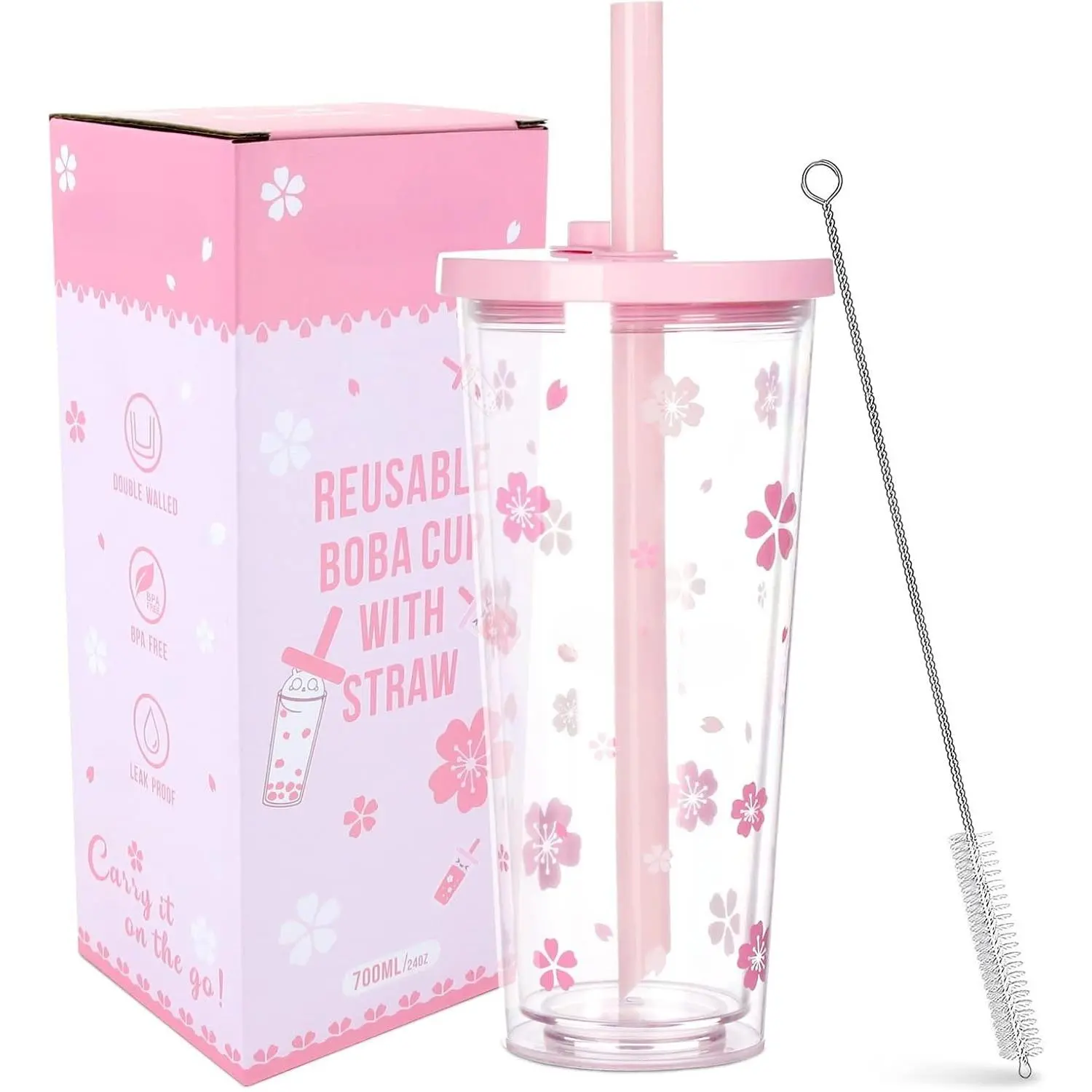 24oz (700ml) Reusable Boba Cup with Lid & Straw - Double Wall Insulated Bubble Tea Tumbler - Leakproof, Clear Kawaii Design for Smoothies, Iced Coffee & Milk Tea - BPA Free
