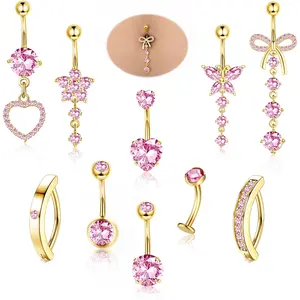CASSIECA 10Pcs Gold Belly Button Piercing Ring-Surgical Steel CZ Heart Navel Belly Rings for Women Dangle Short Clicker Navel Piercings Cute Summer Jewelry 14G