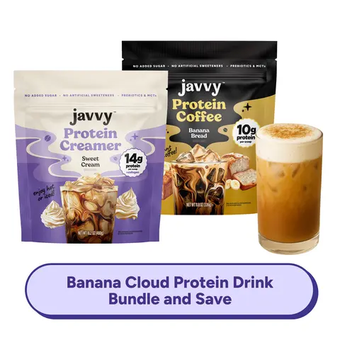 Javvy Banana Cloud Protein Latte TikTok Exclusive Bundle Banana Bread Protein Coffee and Sweet Cream Collagen Protein Creamer Premium Whey Protein Instant Mix, 100% Natural, No Artificial Flavors & Sweeteners, No Added Sugar, 80 mg Caffeine Per Serving