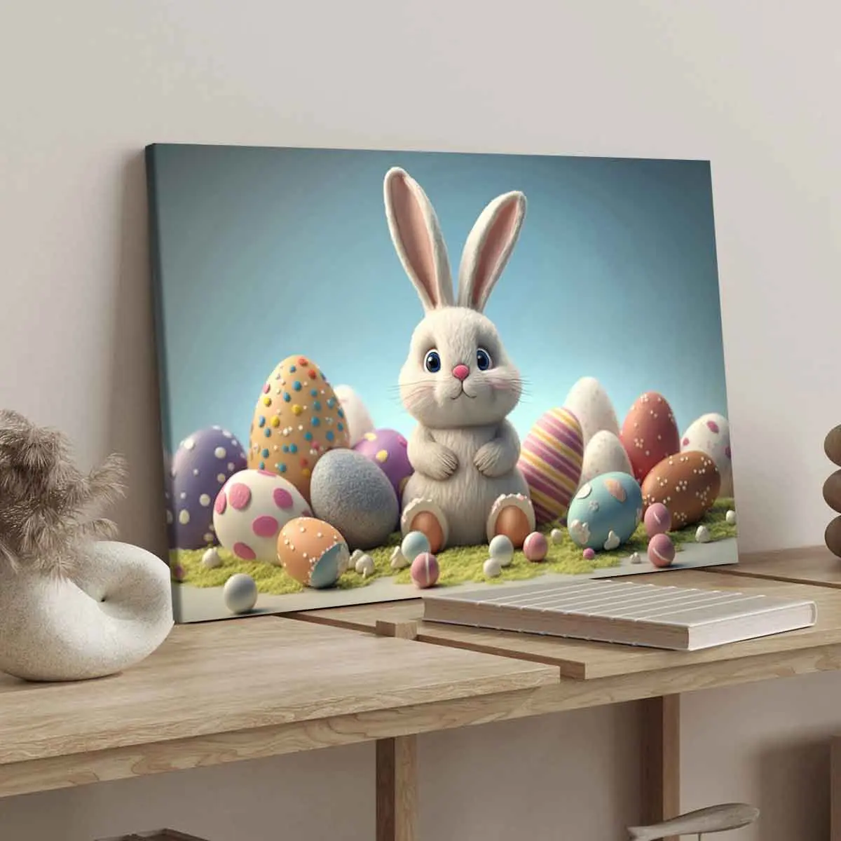 Easter Bunny & Eggs Canvas Poster, Modern Art Wall Decor, Solid Wood Frame, Waterproof Print, Affordable Home Decoration Gift