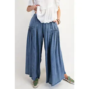 WASHED WIDE LEG PALAZZO CHAMBRAY PANTS