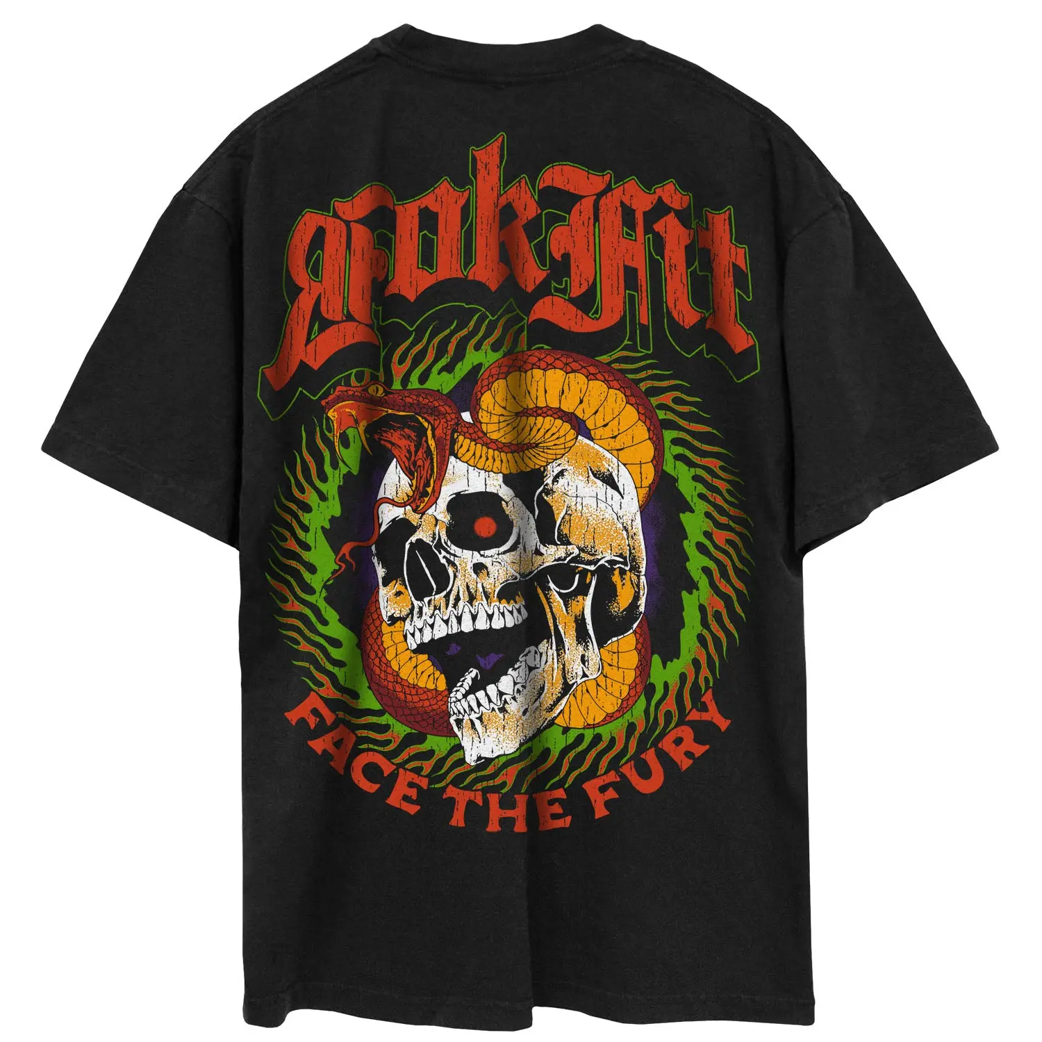 RokFit 'Face The Fury' Graphic Tee - Oversized Heavyweight Black Short Sleeve Crewneck T-Shirt for Men & Women, 100% Cotton