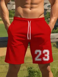 Men's Drawstring Shorts Number 23 Print, Casual Geometric Design, Fitted Drop Waist, Short Pants for Sports Basketball Travel