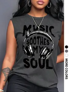 Women's Slim-Fit Upac Letter Graphic Print Round Neck Tank Top, Casual Thin Fabric for Summer, Stylish Ladies Sleeveless Shirt