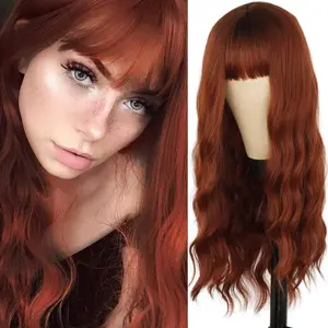 Xinran Long Auburn Wig with Bangs,Natural Long Curly Ginger Wigs for Women,Synthetic Cosplay Party Ombre Copper Wig(Auburn)