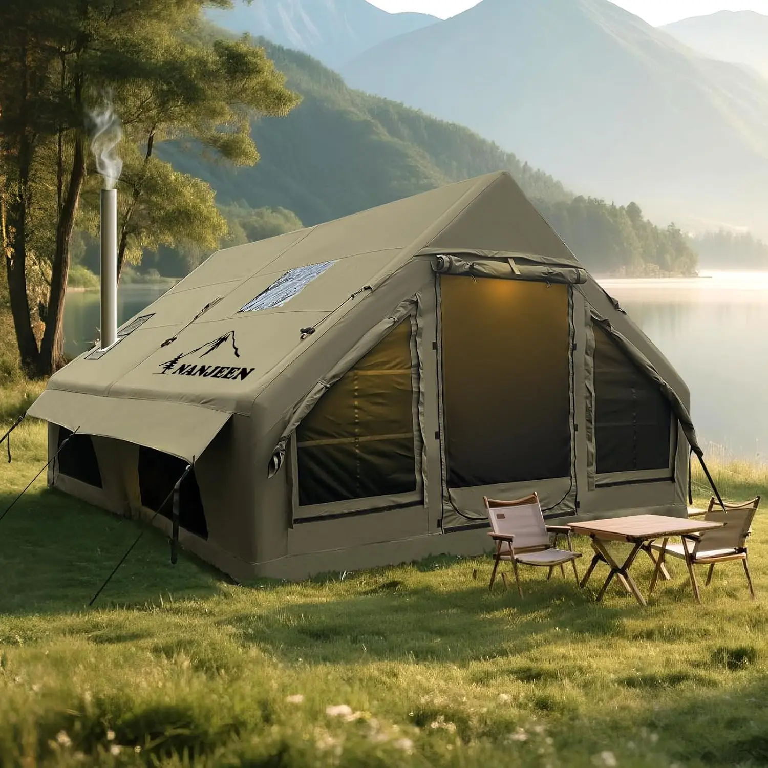 Large, luxury inflatable camping tent—windproof and rainproof, featuring a spacious 12-square-meter interior that accommodates 2–10 people; includes a manual air pump for quick setup in 8 minutes; suitable for all four seasons, with a dual-door design and