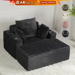 QAK 54" Boneless Chaise Lounge, Upholstered Sofa Bed with Cup Holder and Side Pockets, Indoor Leisure Lounge Chair, Luxury Plush Corduroy Chair Bed for Living Room, No Assembly Required