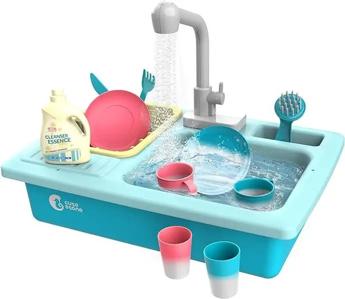 CUTE STONE Color Changing Kitchen Sink Toys, Heat Sensitive Electric Dishwasher Playing Toy with Running Water, Automatic Water Cycle System Play Hous