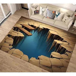 3D Optical Illusion Rug for Living Room 3D Effect Crack Vortex Tunnel Design Non-Slip Rectangular Illusion Rug New Arrivals