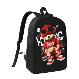 Boys' Red Bear Graphic Backpack with Golden Chains & Money Print - Stylish School Backpack for Teens, Lightweight Durable Polyester Bookbag with Adjustable Padded Shoulder Straps, Zipper Closure & Hip Belt-like Waist Strap, Casual Everyday Backpack for Sc