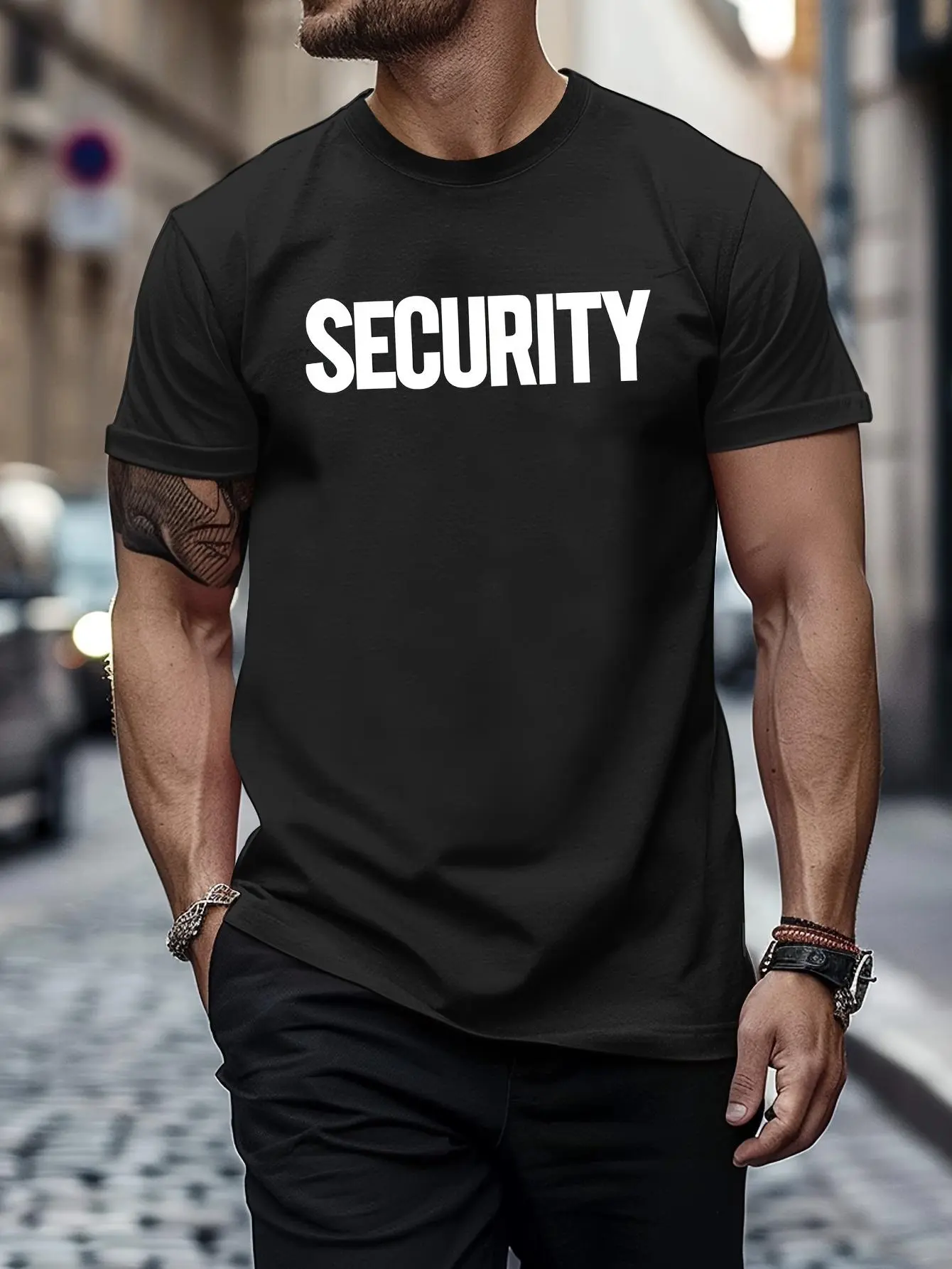 Men's Crew Neck T-Shirt Black SECURITY Text Print for Security Guard Duty Plus Size