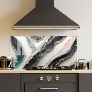 GCKG Green and gold abstract background of marble art Tempered Glass Kitchen Backsplash, Stove Back Cover, Stove Splashback, Cutting Board, Kitchen Wall Decor