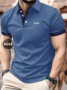 Men's Short Sleeve Polo Shirt, Classic Colorblock Design, Breathable Mesh Fabric, Geometric Print, Ideal for Work and Outdoor Activities