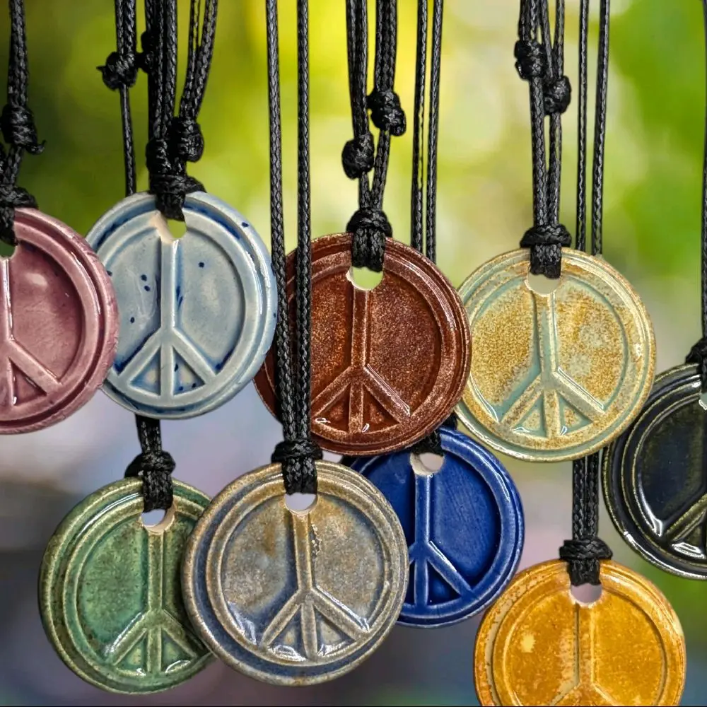 Peace Sign Ceramic Pendant Y2K Style Boho Hippie Whimsical Choker Adjustable Black Cord Necklace Clay Charms Jewelry