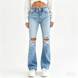 Flare Jeans for Women hole jean Double button Tummy Control Flare Jeans