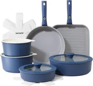 SENSARTE 17 Piece Ceramic Pots and Pans Set, Nonstick Detachable Handle Cookware, Induction Kitchen Cookware Set with Removable Handle, Dishwasher ＆ Oven Safe (Navy)