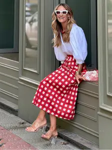 Plaid High Waist A-Line Midi Skirt, Vintage Sweet Girl Elegance Style, Suitable for Dating/commute/daily Wear, French Retro Checkered Skirt