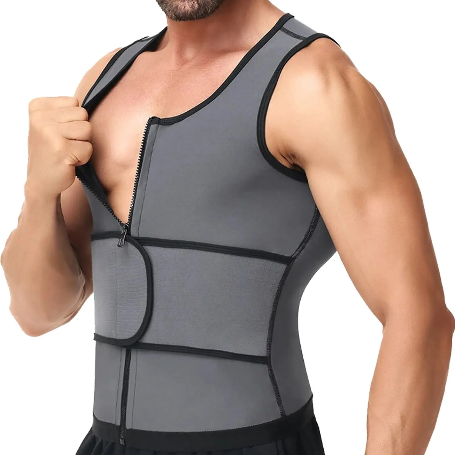 Men's Waist Trainer Vest, Polyester Zipper Sauna Tank Top with Compression Belt, Athletic Gym Clothing Body Shaper for Fitness Workouts, Gymclothing