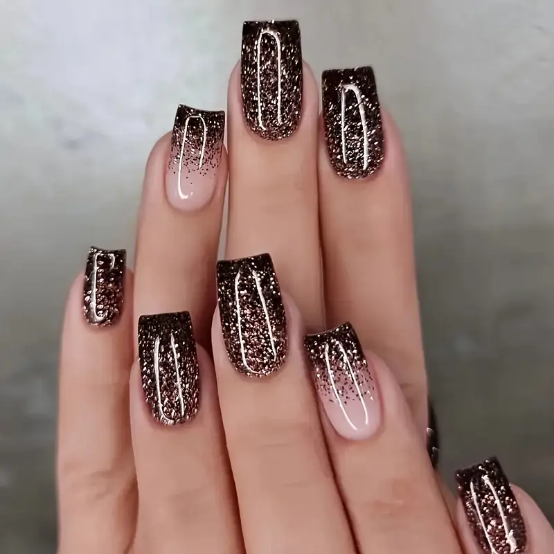 24 pieces of French black square wearing nail, simple and long, silver glitter, glossy nail art gradient, removable fake nail, Glam Pack Glitter