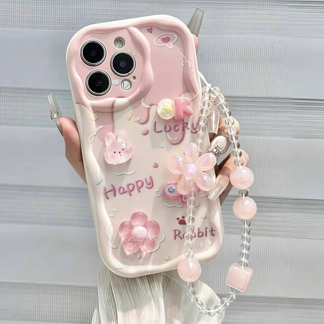 Rabbit Flowers Cartoon Holographic Floral Chain Swirl Print Protective Soft Phone Case, iPhone 15, 15 Pro Max, 13, 14, 11, 12, XS, XR, 7/8, 7/8 Plus